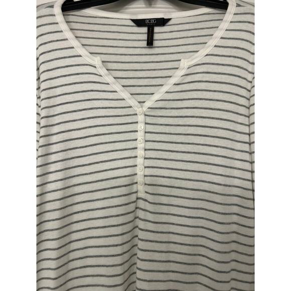 BCBG Paris Cotton Modal White Gray Striped Henley Long Sleeve Top Large Y2K - Picture 5 of 11
